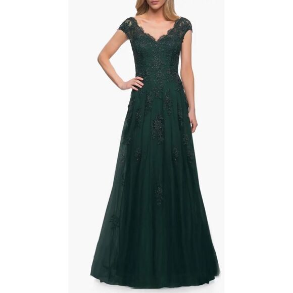 La Femme 26942 Embellished Tulle & Lace A-Line Gown in Dark Emerald NWT Size 4 - Picture 1 of 6
